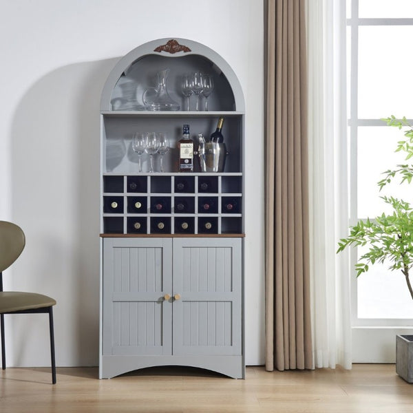 English Elm Arched Freestanding Wine Cabinet Vintage Carved Crown Adjustable Shelves Dining Room Blue Gray W2899P516214