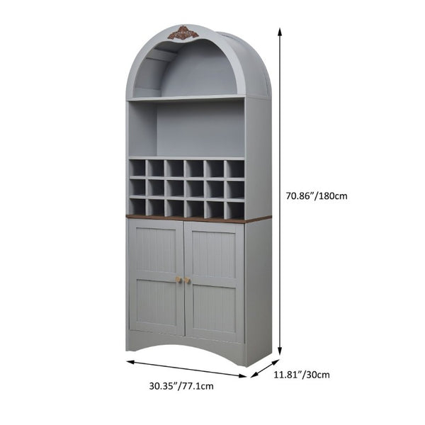 English Elm Arched Freestanding Wine Cabinet Vintage Carved Crown Adjustable Shelves Dining Room Blue Gray W2899P516214