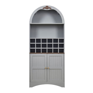 English Elm Arched Freestanding Wine Cabinet Vintage Carved Crown Adjustable Shelves Dining Room Blue Gray W2899P516214