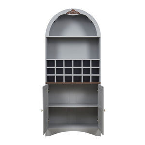 English Elm Arched Freestanding Wine Cabinet Vintage Carved Crown Adjustable Shelves Dining Room Blue Gray W2899P516214