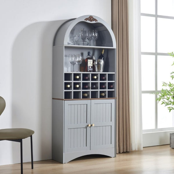 English Elm Arched Freestanding Wine Cabinet Vintage Carved Crown Adjustable Shelves Dining Room Blue Gray W2899P516214