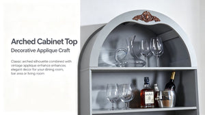 English Elm Arched Freestanding Wine Cabinet Vintage Carved Crown Adjustable Shelves Dining Room Blue Gray W2899P516214