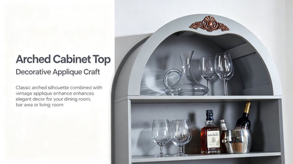 English Elm Arched Freestanding Wine Cabinet Vintage Carved Crown Adjustable Shelves Dining Room Blue Gray W2899P516214