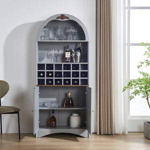 English Elm Arched Freestanding Wine Cabinet Vintage Carved Crown Adjustable Shelves Dining Room Blue Gray W2899P516214