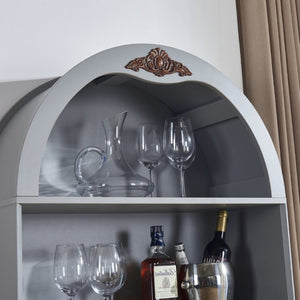 English Elm Arched Freestanding Wine Cabinet Vintage Carved Crown Adjustable Shelves Dining Room Blue Gray W2899P516214