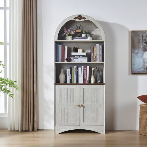 English Elm Arched Tall Storage Cabinet with Carved Applique Open Display and Enclosed Shelving Light Gray / Light Oak W2899P516215