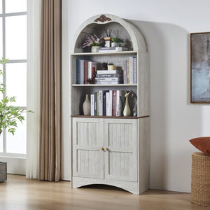 English Elm Arched Tall Storage Cabinet with Carved Applique Open Display and Enclosed Shelving Light Gray / Light Oak W2899P516215