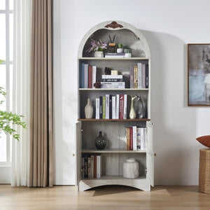 English Elm Arched Tall Storage Cabinet with Carved Applique Open Display and Enclosed Shelving Light Gray / Light Oak W2899P516215