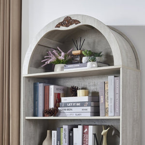 English Elm Arched Tall Storage Cabinet with Carved Applique Open Display and Enclosed Shelving Light Gray / Light Oak W2899P516215