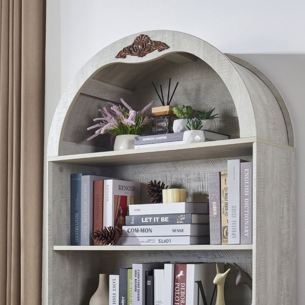 English Elm Arched Tall Storage Cabinet with Carved Applique Open Display and Enclosed Shelving Light Gray / Light Oak W2899P516215
