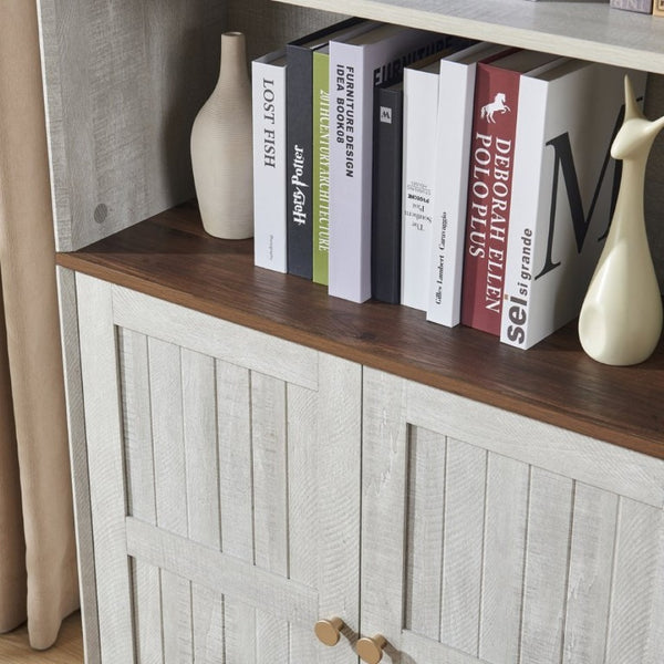 English Elm Arched Tall Storage Cabinet with Carved Applique Open Display and Enclosed Shelving Light Gray / Light Oak W2899P516215