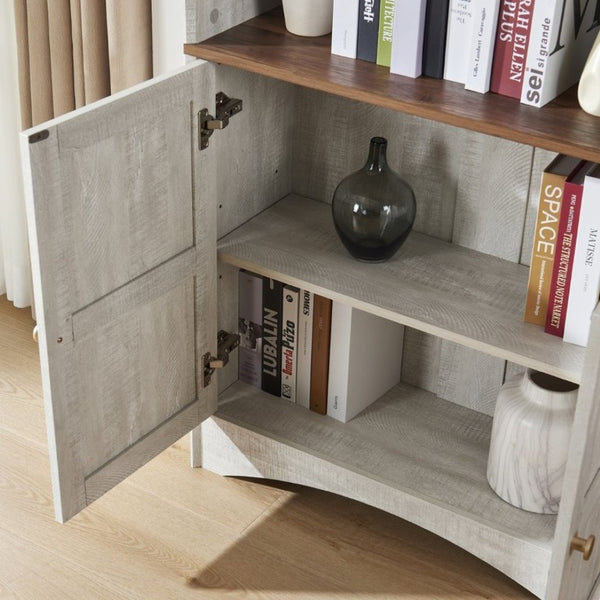 English Elm Arched Tall Storage Cabinet with Carved Applique Open Display and Enclosed Shelving Light Gray / Light Oak W2899P516215