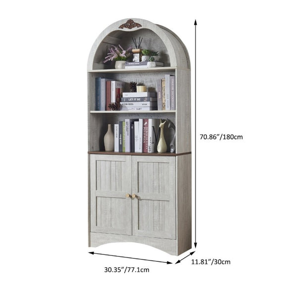 English Elm Arched Tall Storage Cabinet with Carved Applique Open Display and Enclosed Shelving Light Gray / Light Oak W2899P516215