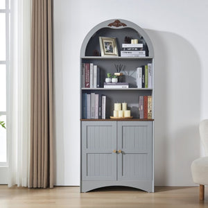 English Elm Arched Tall Storage Cabinet with Carved Applique Open Display and Enclosed Shelving Blue Gray W2899P516216