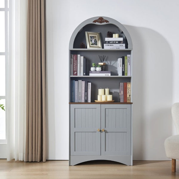 English Elm Arched Tall Storage Cabinet with Carved Applique Open Display and Enclosed Shelving Blue Gray W2899P516216
