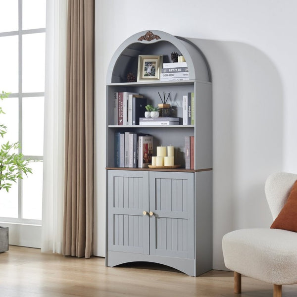 English Elm Arched Tall Storage Cabinet with Carved Applique Open Display and Enclosed Shelving Blue Gray W2899P516216