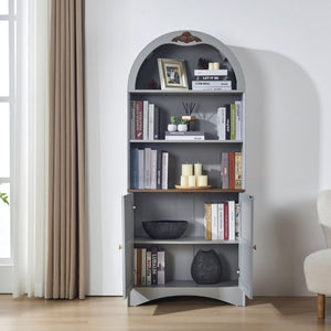 English Elm Arched Tall Storage Cabinet with Carved Applique Open Display and Enclosed Shelving Blue Gray W2899P516216