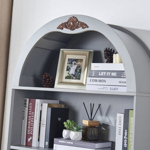English Elm Arched Tall Storage Cabinet with Carved Applique Open Display and Enclosed Shelving Blue Gray W2899P516216