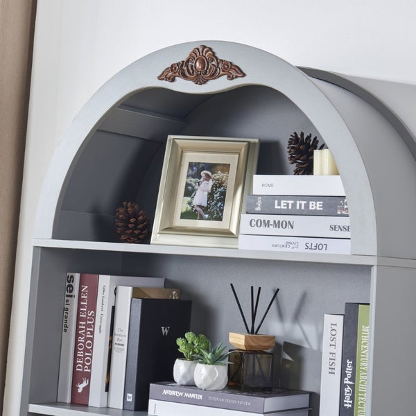 English Elm Arched Tall Storage Cabinet with Carved Applique Open Display and Enclosed Shelving Blue Gray W2899P516216
