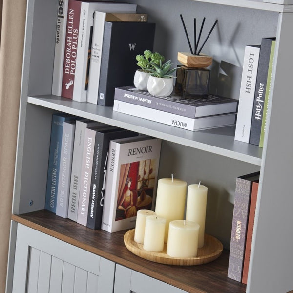 English Elm Arched Tall Storage Cabinet with Carved Applique Open Display and Enclosed Shelving Blue Gray W2899P516216