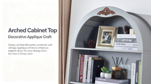 English Elm Arched Tall Storage Cabinet with Carved Applique Open Display and Enclosed Shelving Blue Gray W2899P516216