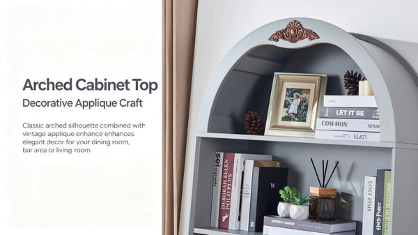 English Elm Arched Tall Storage Cabinet with Carved Applique Open Display and Enclosed Shelving Blue Gray W2899P516216