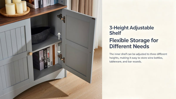 English Elm Arched Tall Storage Cabinet with Carved Applique Open Display and Enclosed Shelving Blue Gray W2899P516216