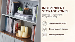 English Elm Arched Tall Storage Cabinet with Carved Applique Open Display and Enclosed Shelving Blue Gray W2899P516216