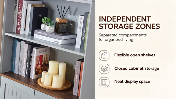 English Elm Arched Tall Storage Cabinet with Carved Applique Open Display and Enclosed Shelving Blue Gray W2899P516216