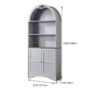 English Elm Arched Tall Storage Cabinet with Carved Applique Open Display and Enclosed Shelving Blue Gray W2899P516216