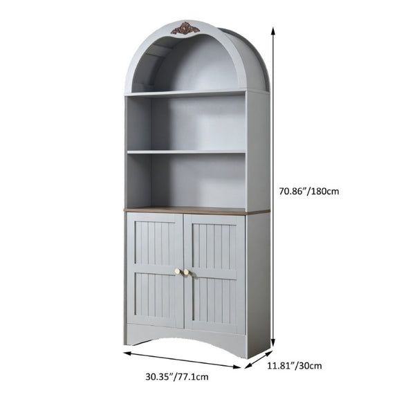 English Elm Arched Tall Storage Cabinet with Carved Applique Open Display and Enclosed Shelving Blue Gray W2899P516216