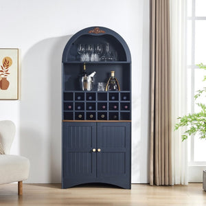 English Elm Arched Freestanding Wine Cabinet Vintage Carved Crown Adjustable Shelves Dining Room Blue W2899P516217