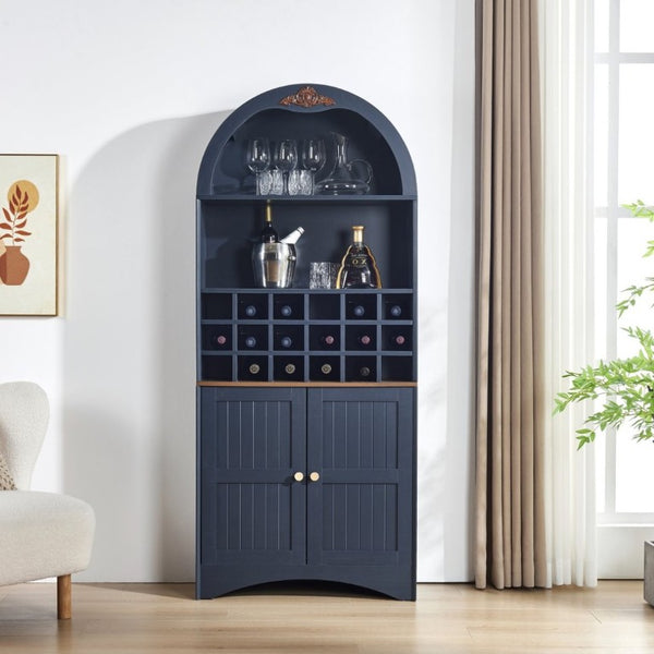 English Elm Arched Freestanding Wine Cabinet Vintage Carved Crown Adjustable Shelves Dining Room Blue W2899P516217