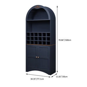 English Elm Arched Freestanding Wine Cabinet Vintage Carved Crown Adjustable Shelves Dining Room Blue W2899P516217