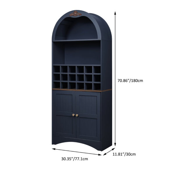 English Elm Arched Freestanding Wine Cabinet Vintage Carved Crown Adjustable Shelves Dining Room Blue W2899P516217