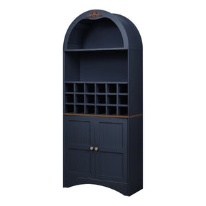 English Elm Arched Freestanding Wine Cabinet Vintage Carved Crown Adjustable Shelves Dining Room Blue W2899P516217