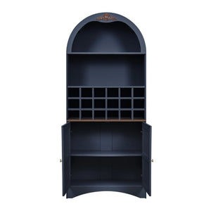 English Elm Arched Freestanding Wine Cabinet Vintage Carved Crown Adjustable Shelves Dining Room Blue W2899P516217
