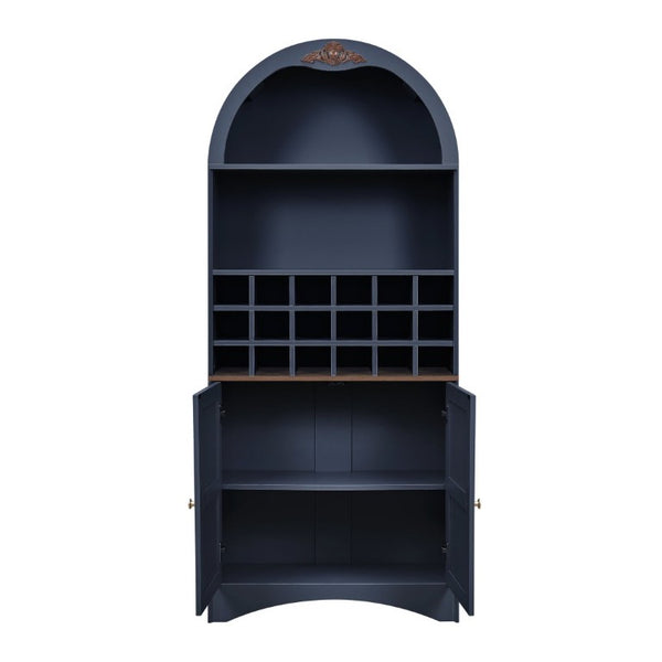 English Elm Arched Freestanding Wine Cabinet Vintage Carved Crown Adjustable Shelves Dining Room Blue W2899P516217