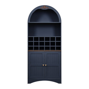 English Elm Arched Freestanding Wine Cabinet Vintage Carved Crown Adjustable Shelves Dining Room Blue W2899P516217