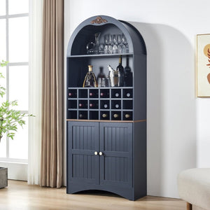 English Elm Arched Freestanding Wine Cabinet Vintage Carved Crown Adjustable Shelves Dining Room Blue W2899P516217