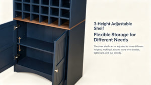 English Elm Arched Freestanding Wine Cabinet Vintage Carved Crown Adjustable Shelves Dining Room Blue W2899P516217