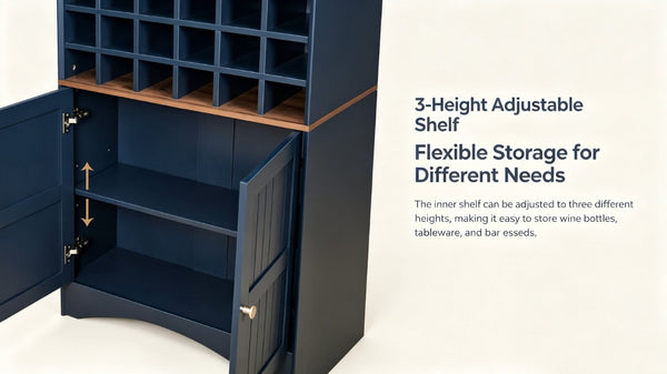 English Elm Arched Freestanding Wine Cabinet Vintage Carved Crown Adjustable Shelves Dining Room Blue W2899P516217
