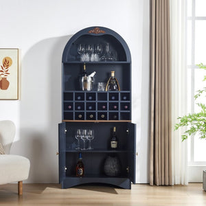 English Elm Arched Freestanding Wine Cabinet Vintage Carved Crown Adjustable Shelves Dining Room Blue W2899P516217