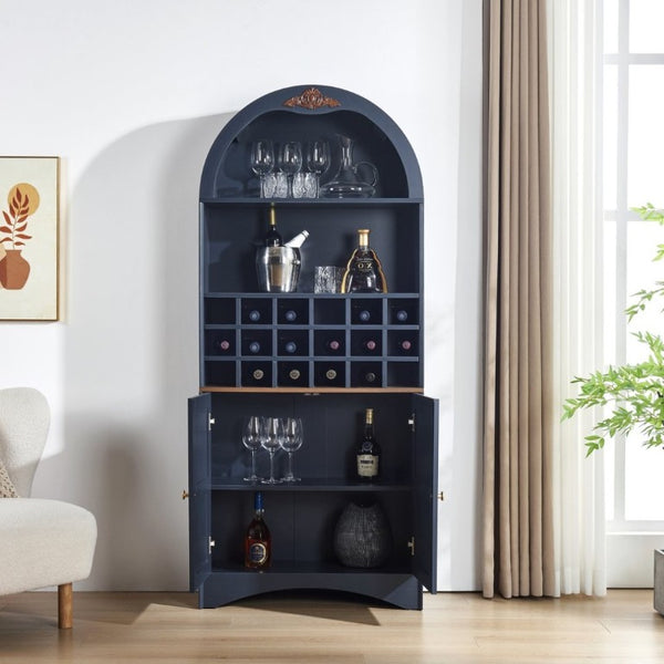 English Elm Arched Freestanding Wine Cabinet Vintage Carved Crown Adjustable Shelves Dining Room Blue W2899P516217
