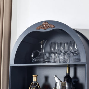 English Elm Arched Freestanding Wine Cabinet Vintage Carved Crown Adjustable Shelves Dining Room Blue W2899P516217