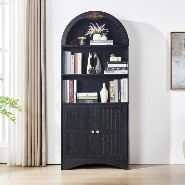 English Elm Arched Tall Storage Cabinet with Carved Applique Open Display and Enclosed Shelving Black W2899P516218