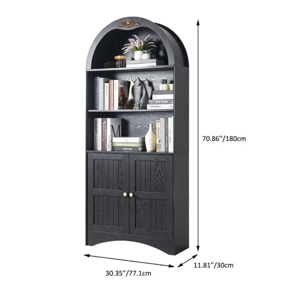 English Elm Arched Tall Storage Cabinet with Carved Applique Open Display and Enclosed Shelving Black W2899P516218