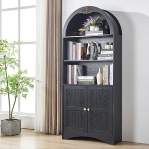 English Elm Arched Tall Storage Cabinet with Carved Applique Open Display and Enclosed Shelving Black W2899P516218