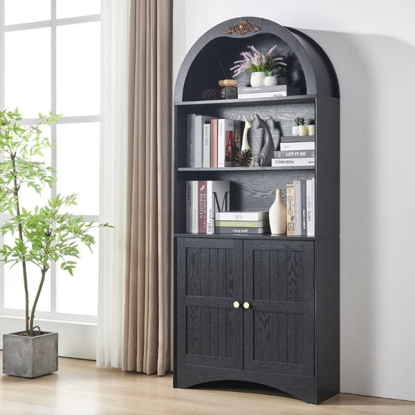 English Elm Arched Tall Storage Cabinet with Carved Applique Open Display and Enclosed Shelving Black W2899P516218