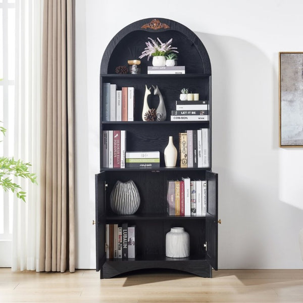 English Elm Arched Tall Storage Cabinet with Carved Applique Open Display and Enclosed Shelving Black W2899P516218